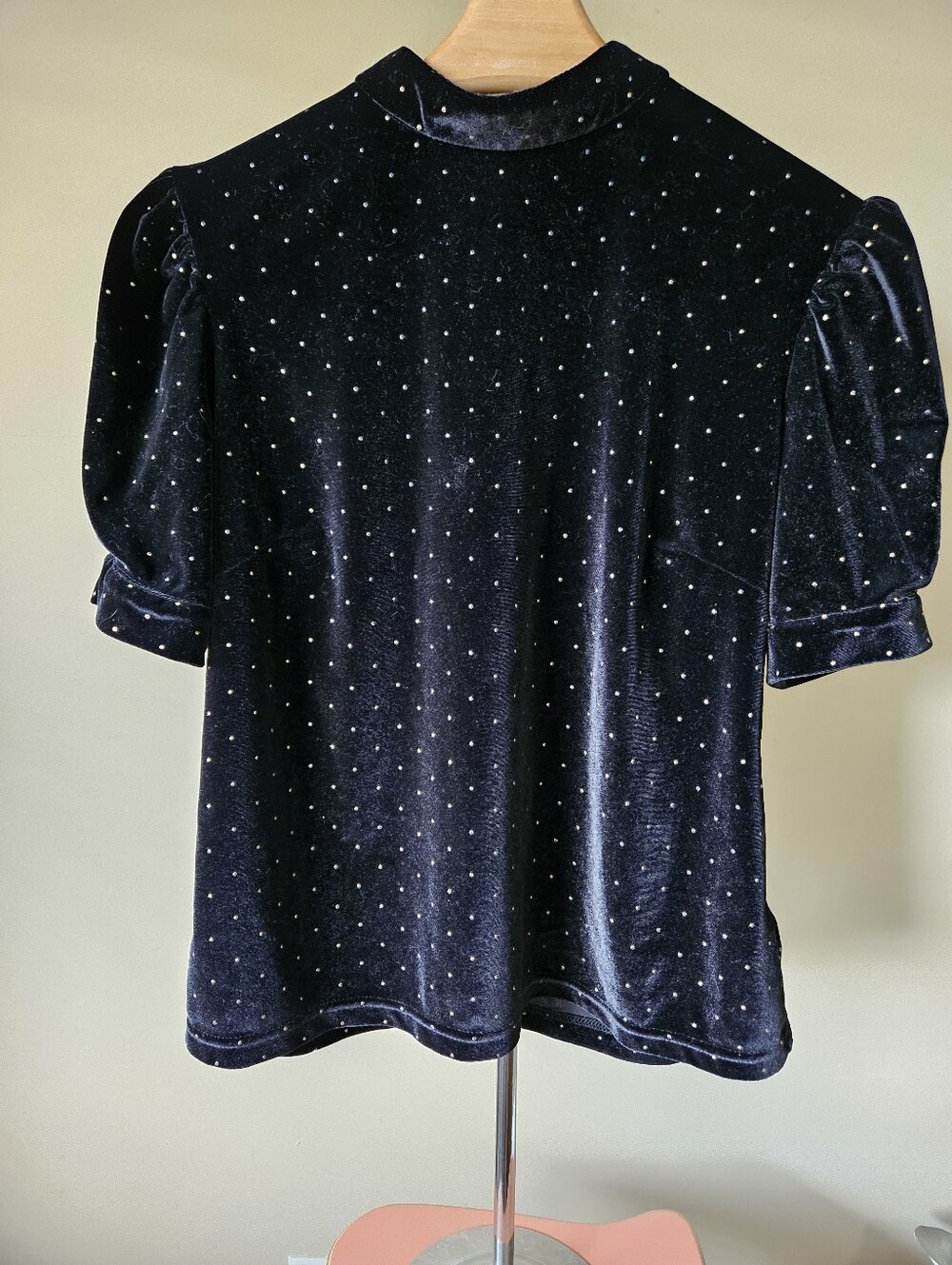 Nanette Lepore Black Velvet Gold Metallic Studded Puff Sleeve Blouse - Size S